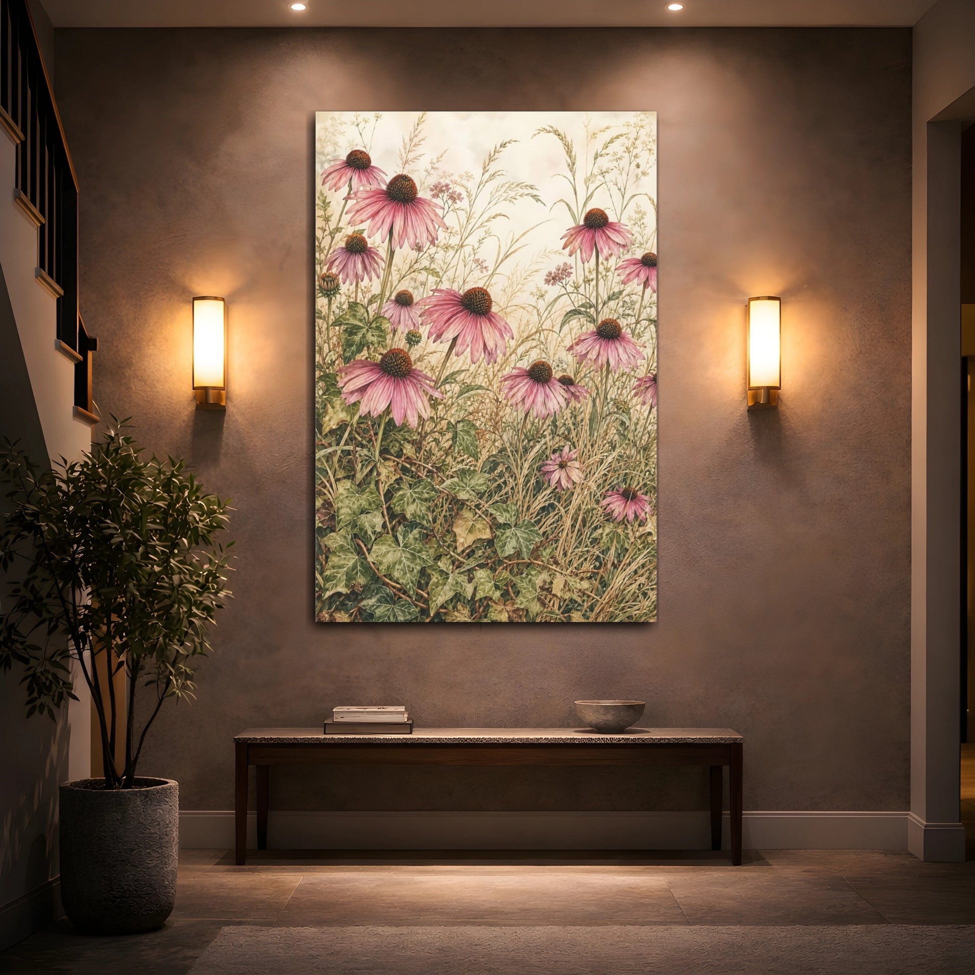 Mockup 2. Floral Coneflowers Pink And Green shown as stretched canvas wall art