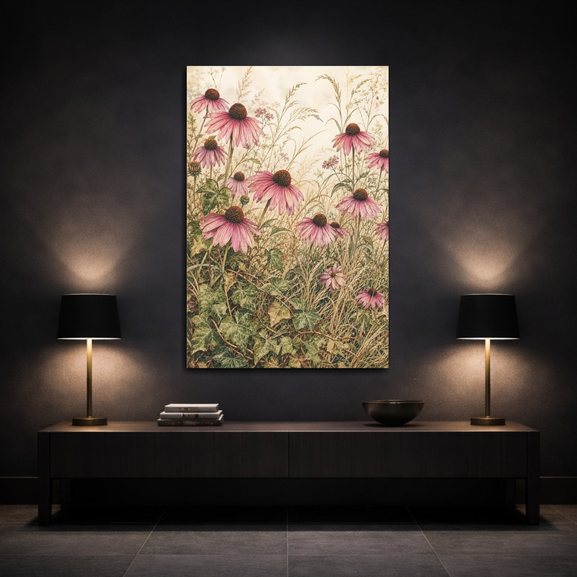 Mockup 3. Floral Coneflowers Pink And Green shown as stretched canvas wall art