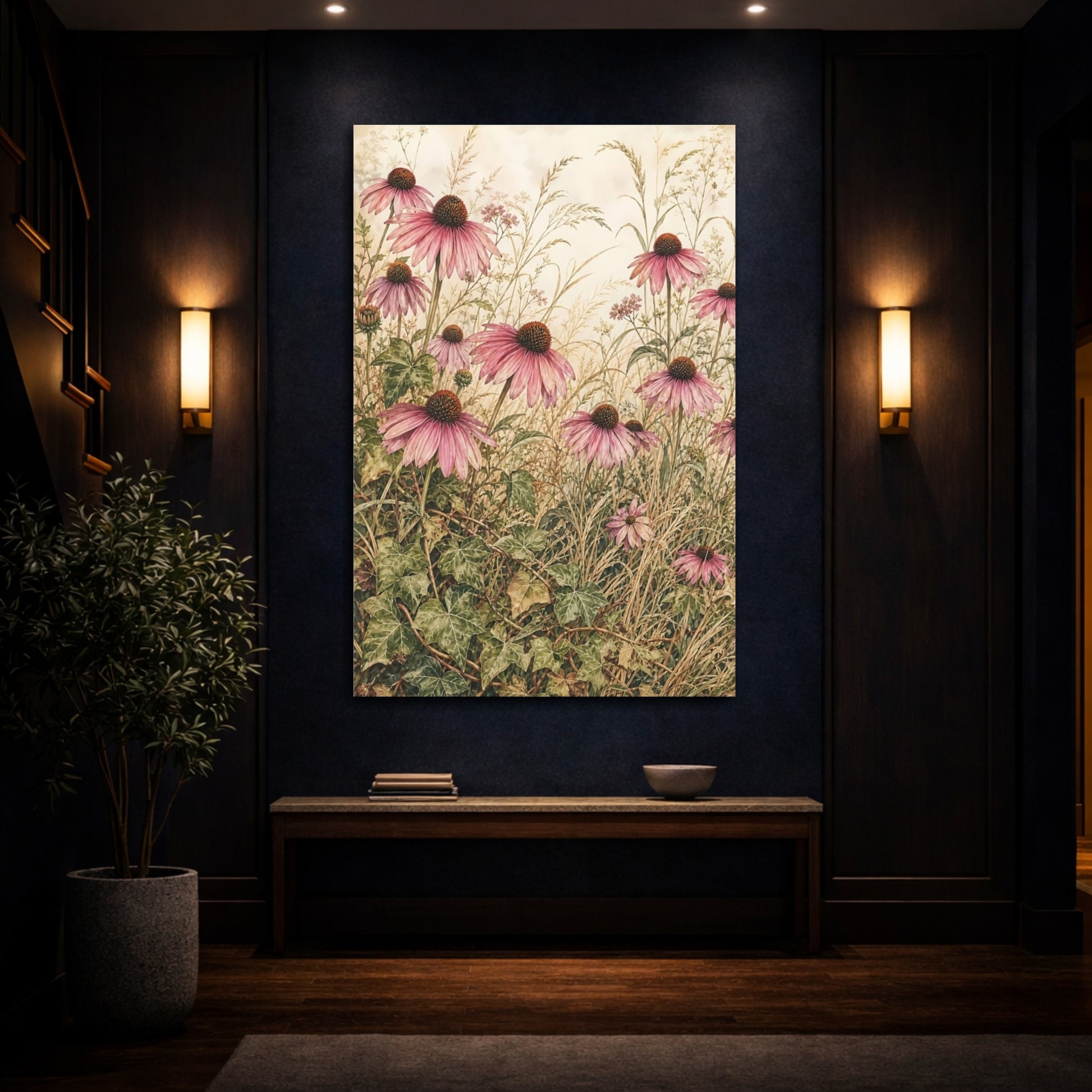 Mockup 4. Floral Coneflowers Pink And Green shown as stretched canvas wall art