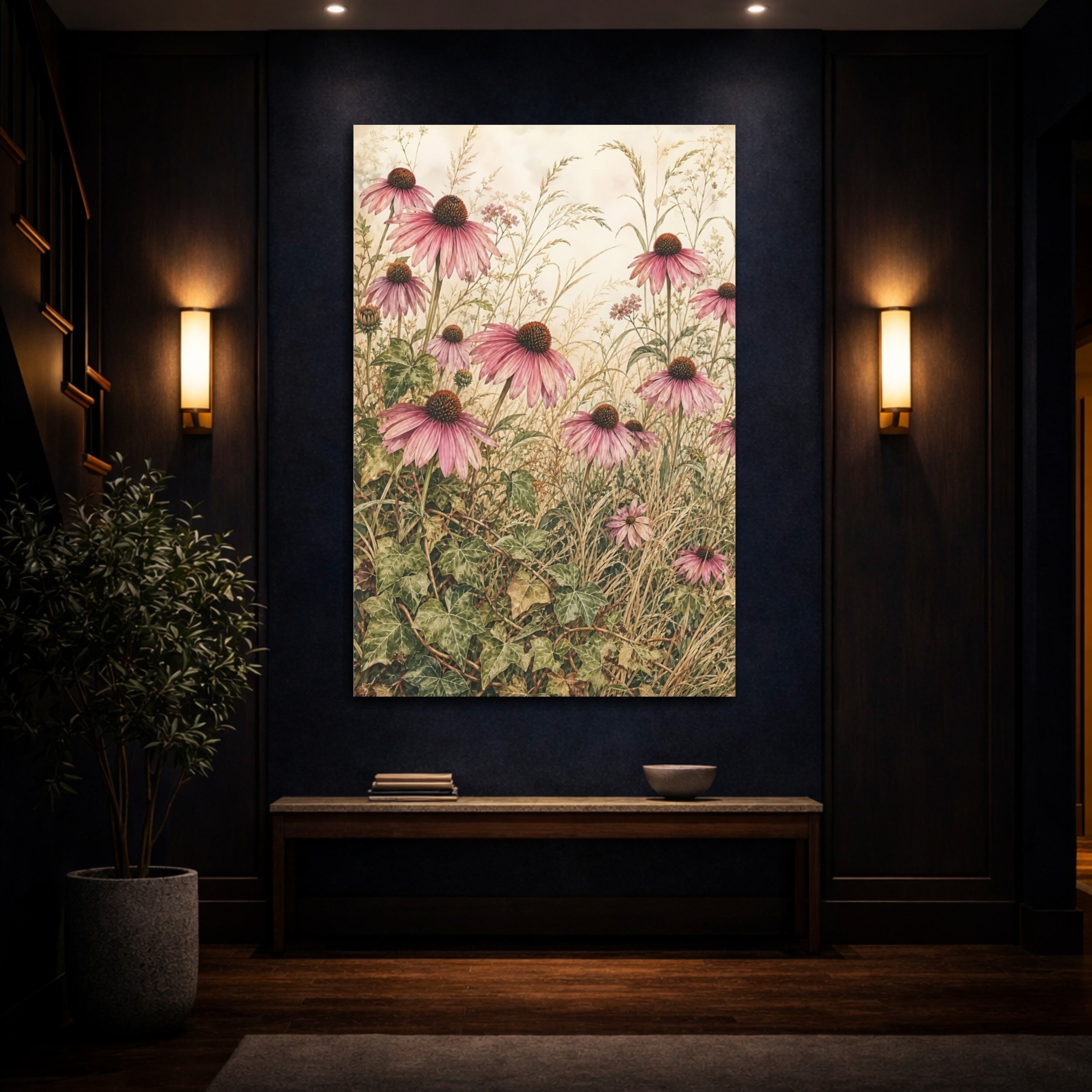 Mockup 4. Floral Coneflowers Pink And Green shown as stretched canvas wall art