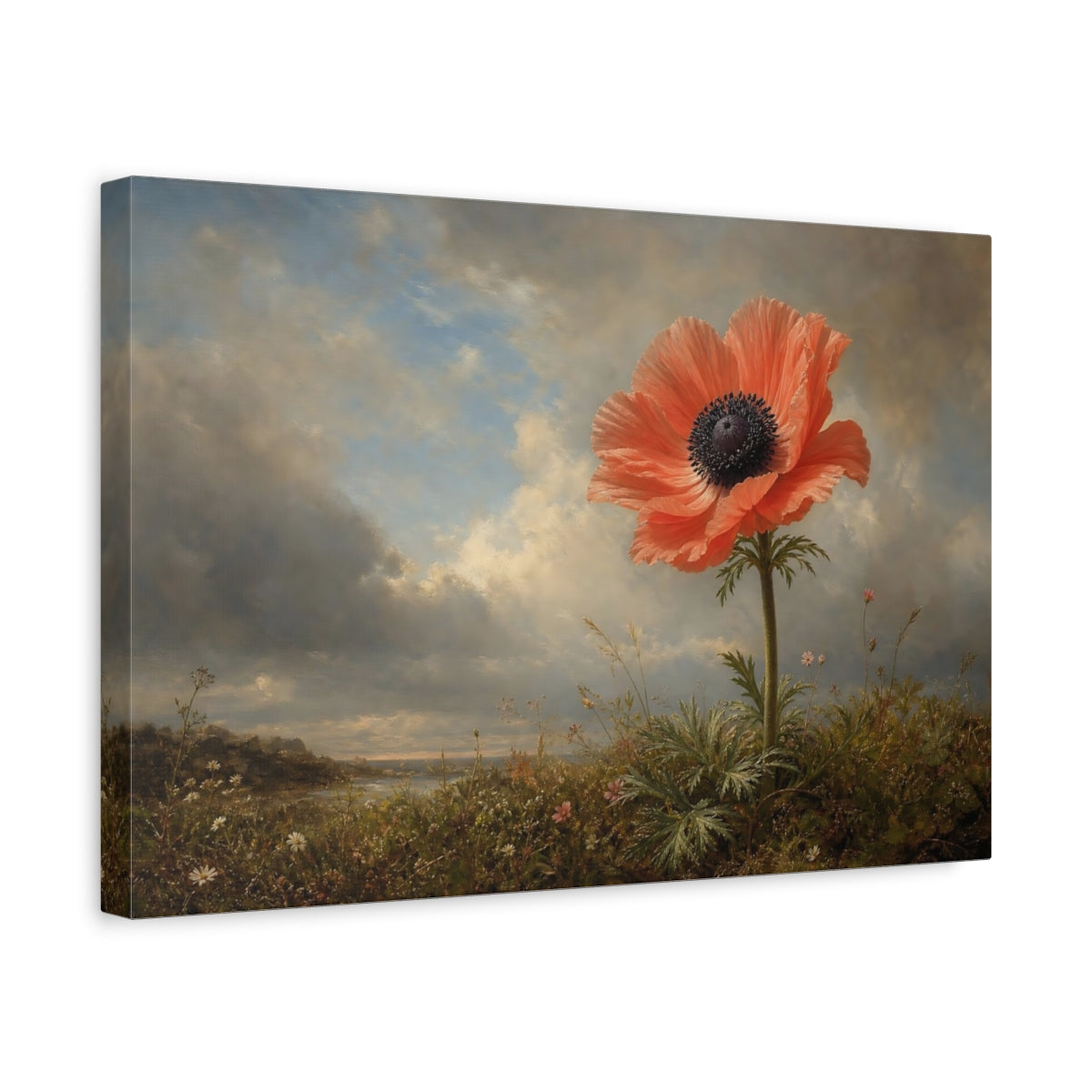 Side Mockup 4. Floral Coral Poppy Coral Floral shown as stretched canvas wall art