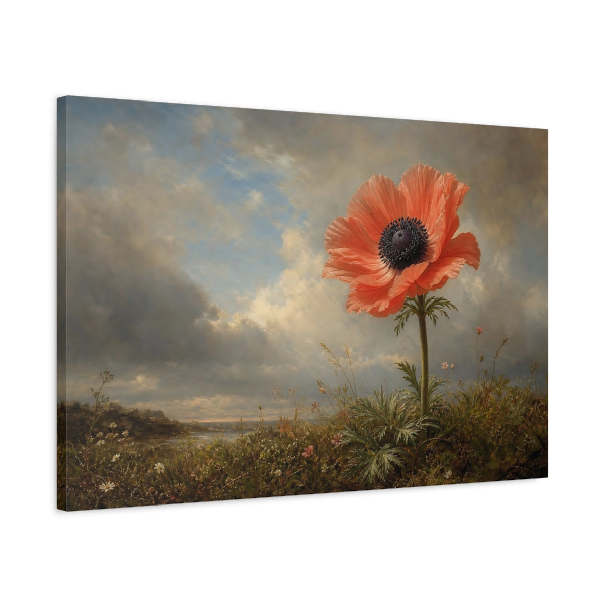 Side Mockup 2. Floral Coral Poppy Coral Floral shown as stretched canvas wall art