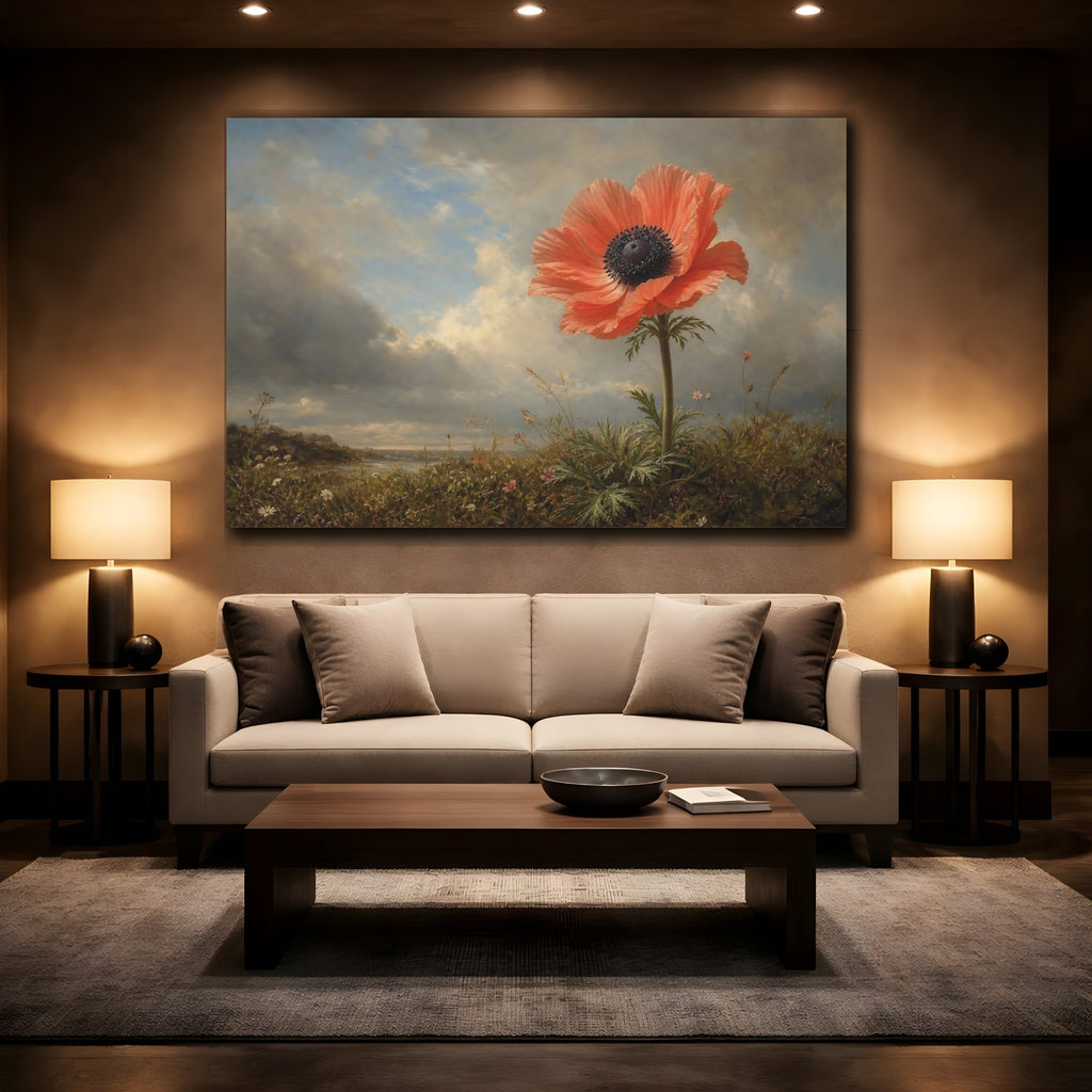 Mockup 2. Floral Coral Poppy Coral Floral shown as stretched canvas wall art