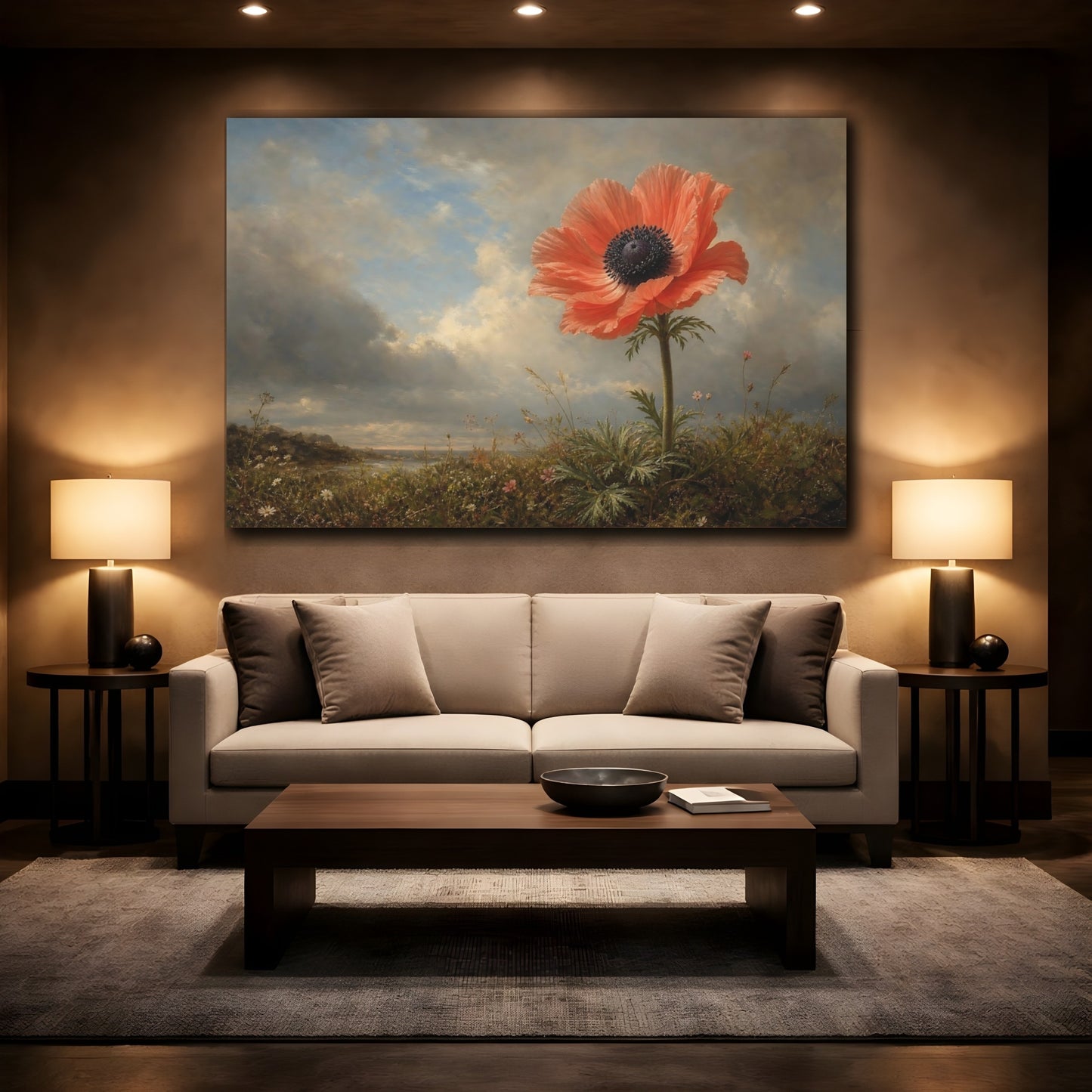 Mockup 2. Floral Coral Poppy Coral Floral shown as stretched canvas wall art