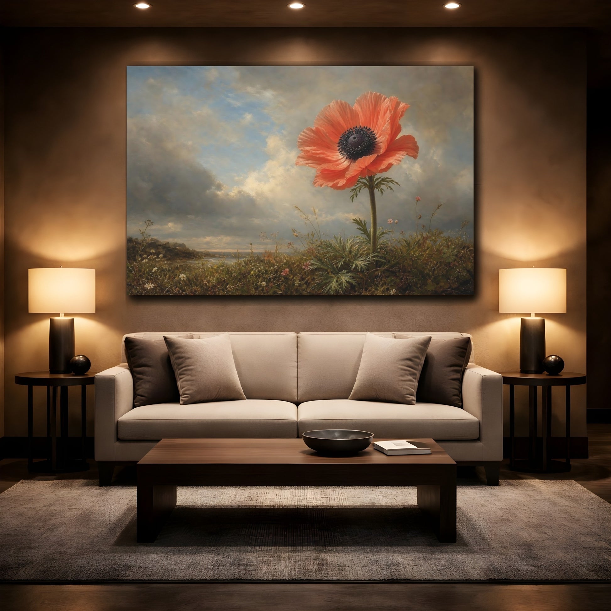Mockup 2. Floral Coral Poppy Coral Floral shown as stretched canvas wall art