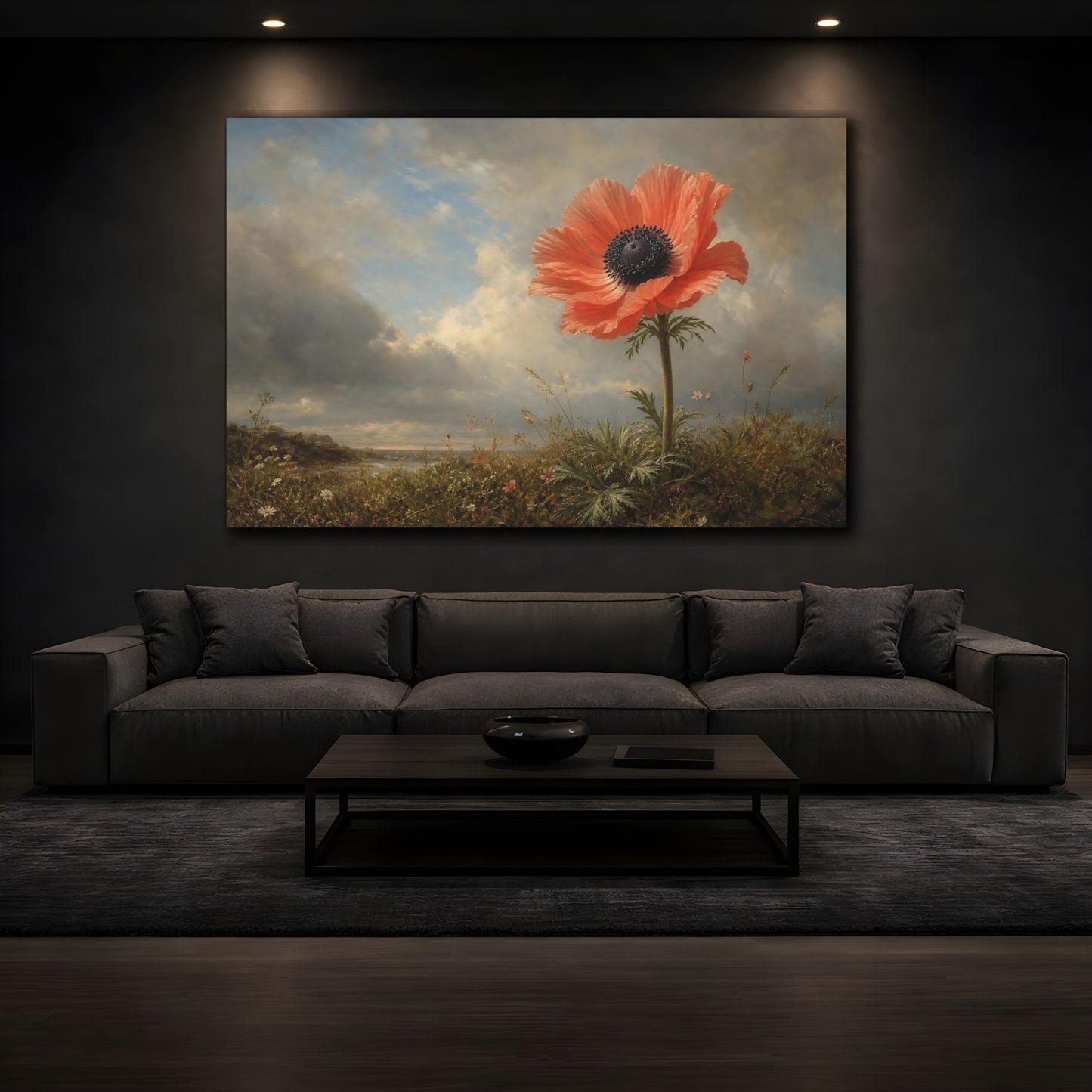 Mockup 3. Floral Coral Poppy Coral Floral shown as stretched canvas wall art