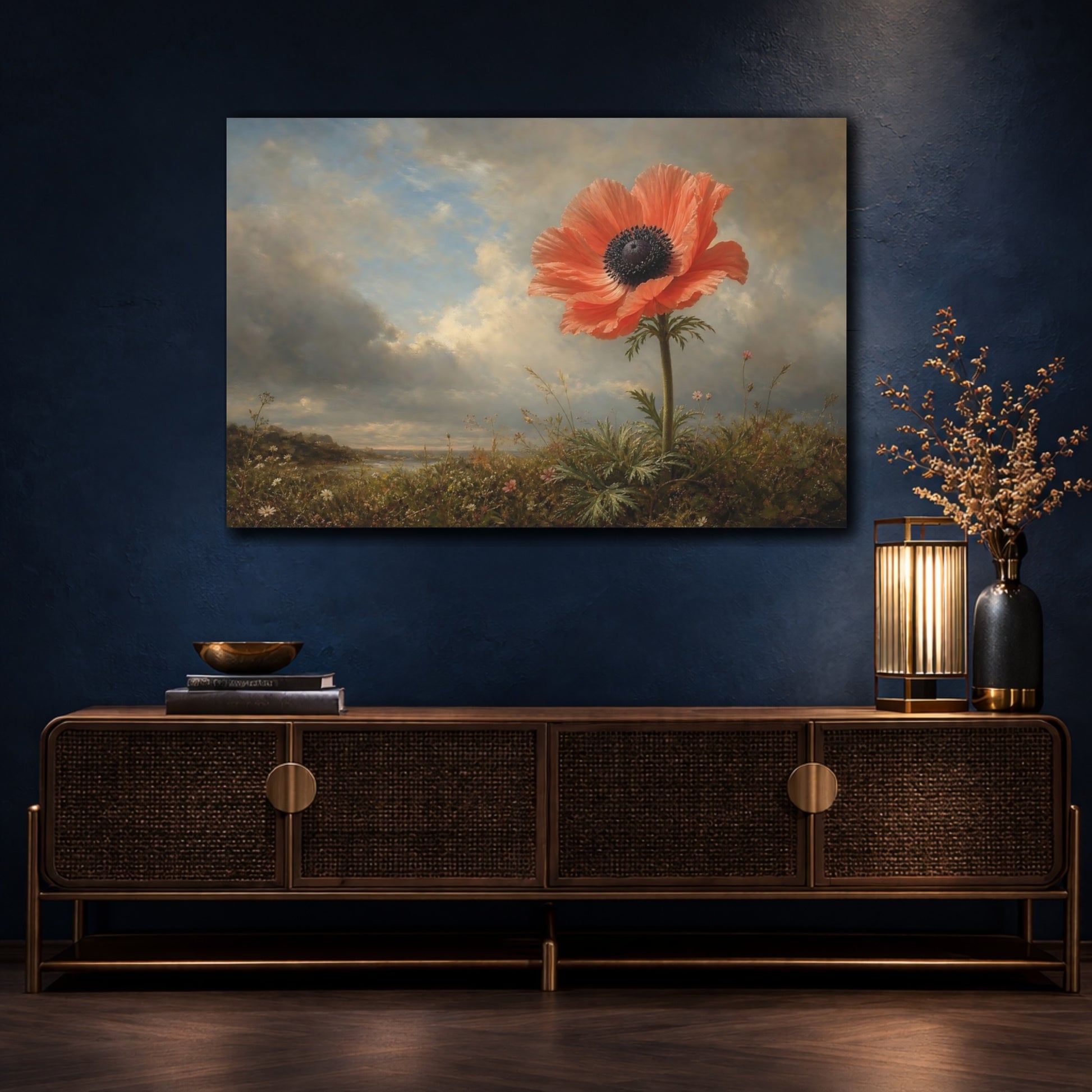 Mockup 4. Floral Coral Poppy Coral Floral shown as stretched canvas wall art