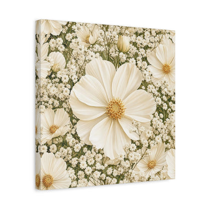 Side Mockup 6. Floral Cosmos Flowers Cream Floral shown as stretched canvas wall art