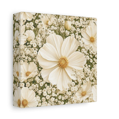 Side Mockup 2. Floral Cosmos Flowers Cream Floral shown as stretched canvas wall art