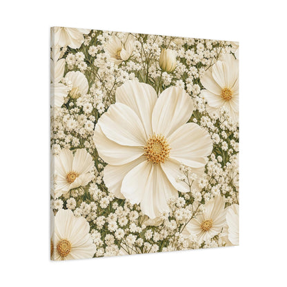 Side Mockup 3. Floral Cosmos Flowers Cream Floral shown as stretched canvas wall art