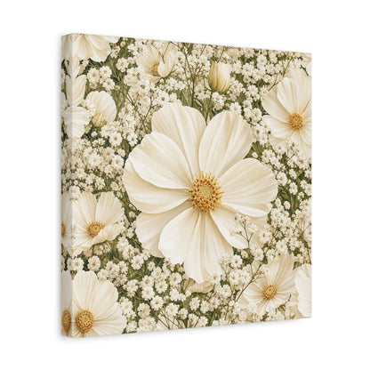Side Mockup 7. Floral Cosmos Flowers Cream Floral shown as stretched canvas wall art