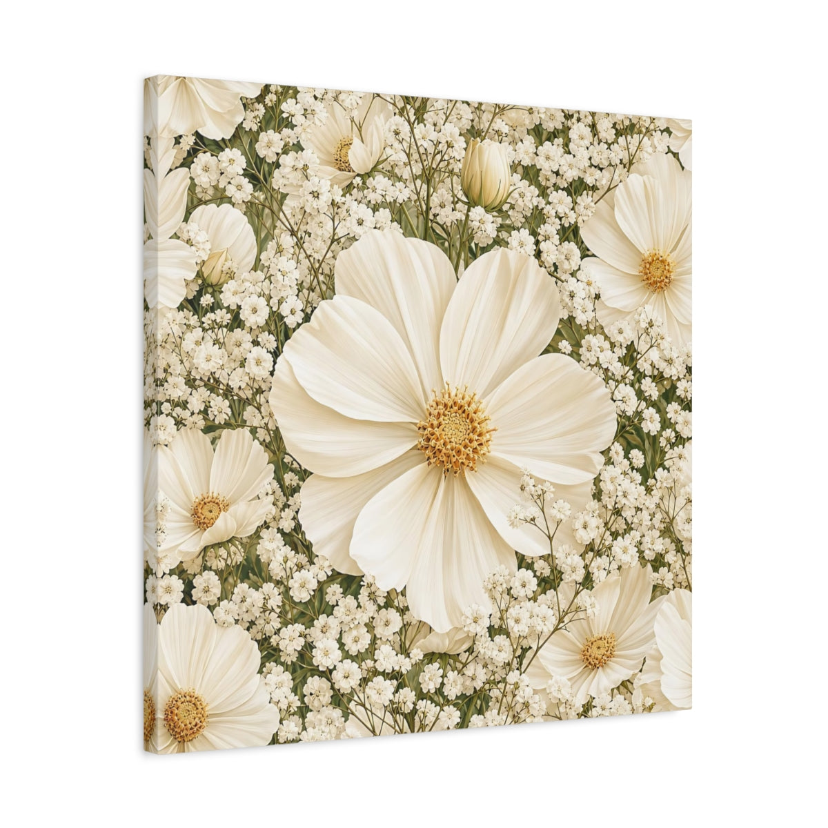 Side Mockup 4. Floral Cosmos Flowers Cream Floral shown as stretched canvas wall art