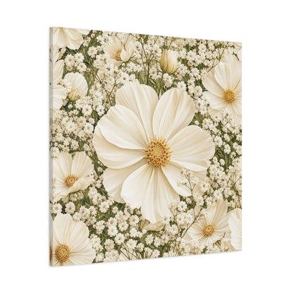 Side Mockup 1. Floral Cosmos Flowers Cream Floral shown as stretched canvas wall art