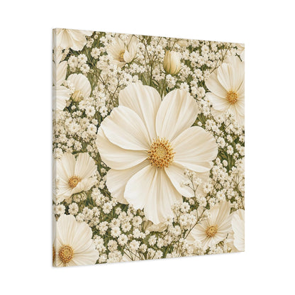 Main Mockup. Floral Cosmos Flowers Cream Floral shown as stretched canvas wall art