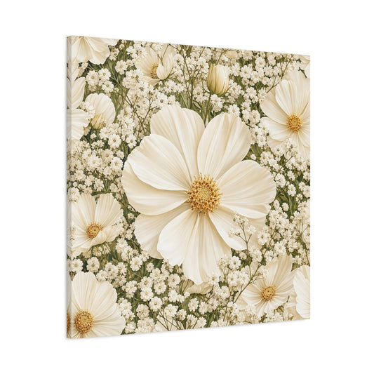 Main Mockup. Floral Cosmos Flowers Cream Floral shown as stretched canvas wall art