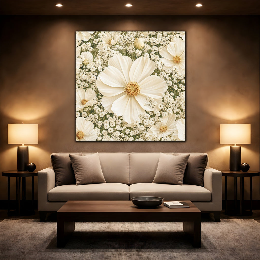Mockup 2. Floral Cosmos Flowers Cream Floral shown as stretched canvas wall art