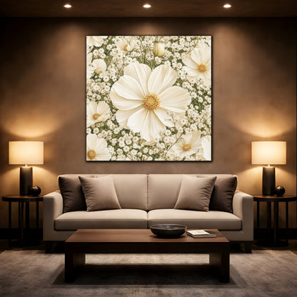 Mockup 2. Floral Cosmos Flowers Cream Floral shown as stretched canvas wall art