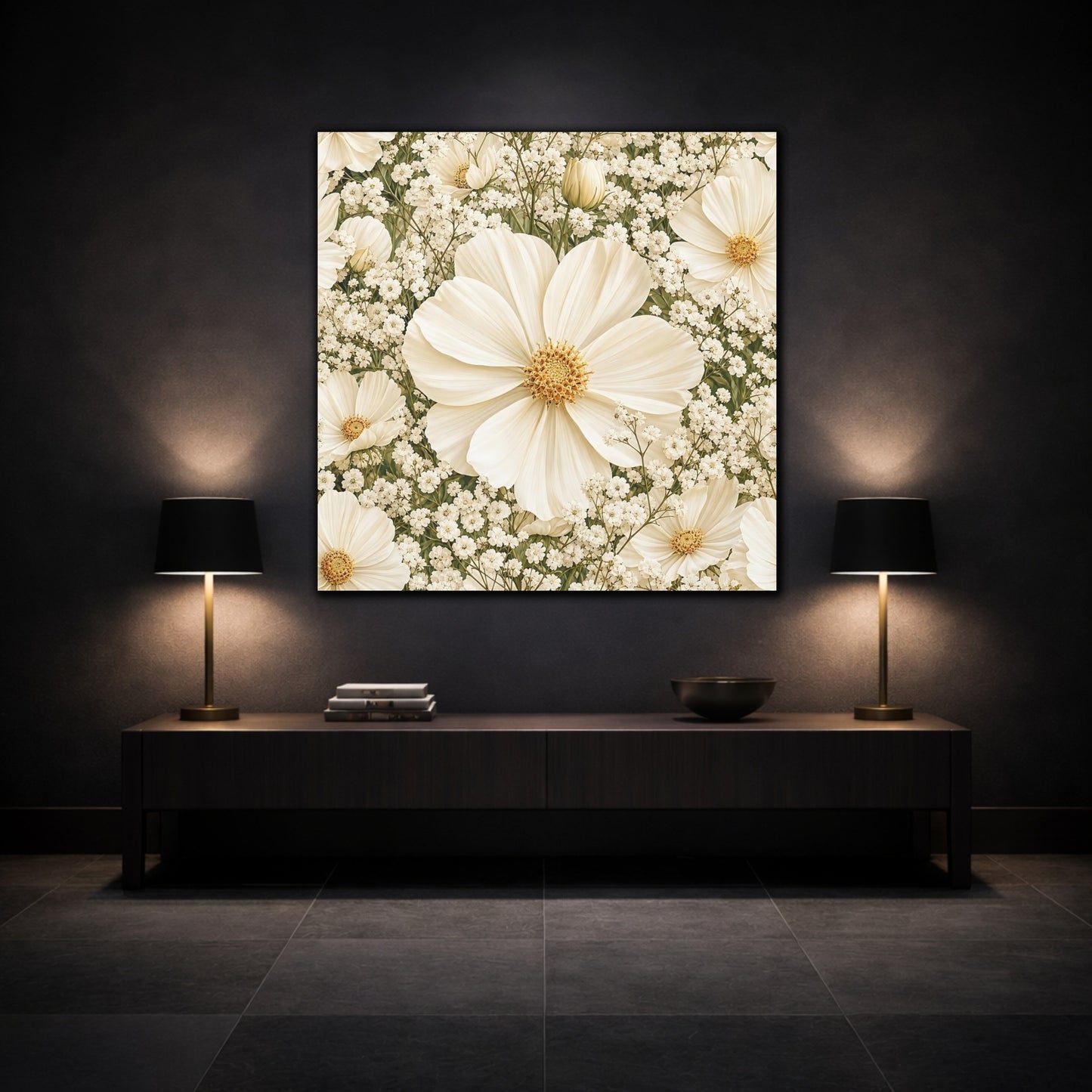 Mockup 3. Floral Cosmos Flowers Cream Floral shown as stretched canvas wall art
