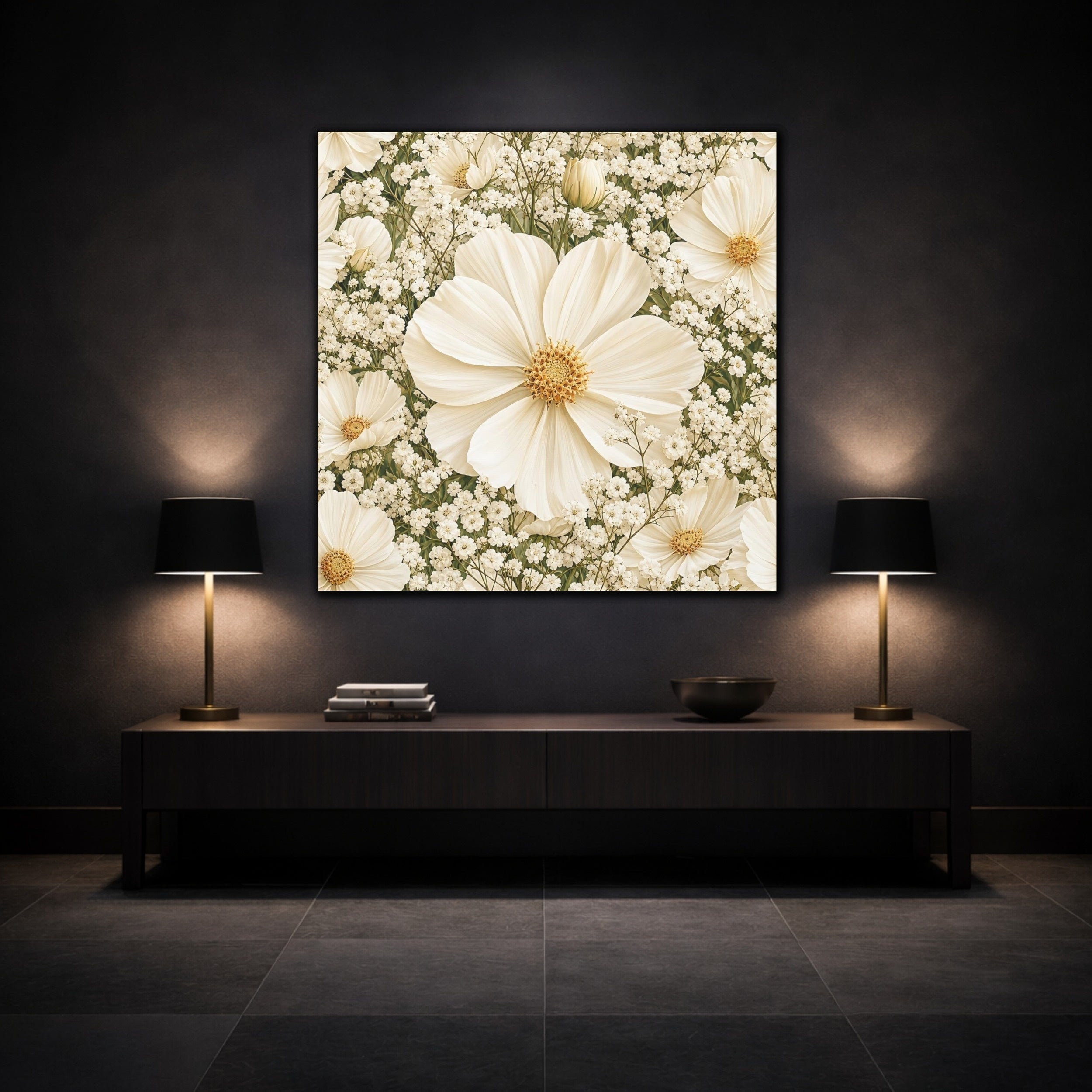 Mockup 3. Floral Cosmos Flowers Cream Floral shown as stretched canvas wall art