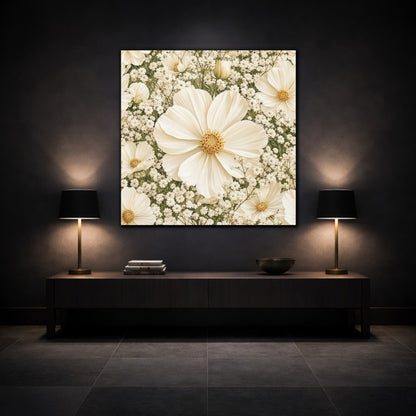 Mockup 3. Floral Cosmos Flowers Cream Floral shown as stretched canvas wall art
