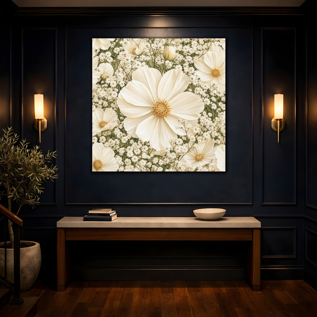 Mockup 4. Floral Cosmos Flowers Cream Floral shown as stretched canvas wall art