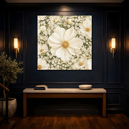 Mockup 4. Floral Cosmos Flowers Cream Floral shown as stretched canvas wall art