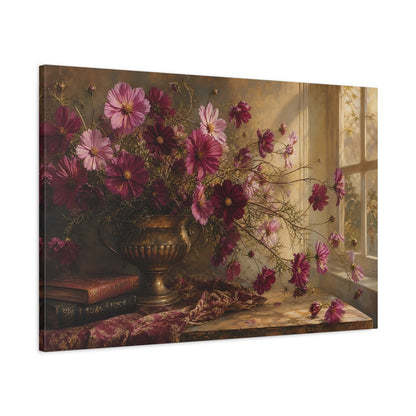 Main Mockup. Floral Cosmos Flowers Magenta And Gold shown as stretched canvas wall art