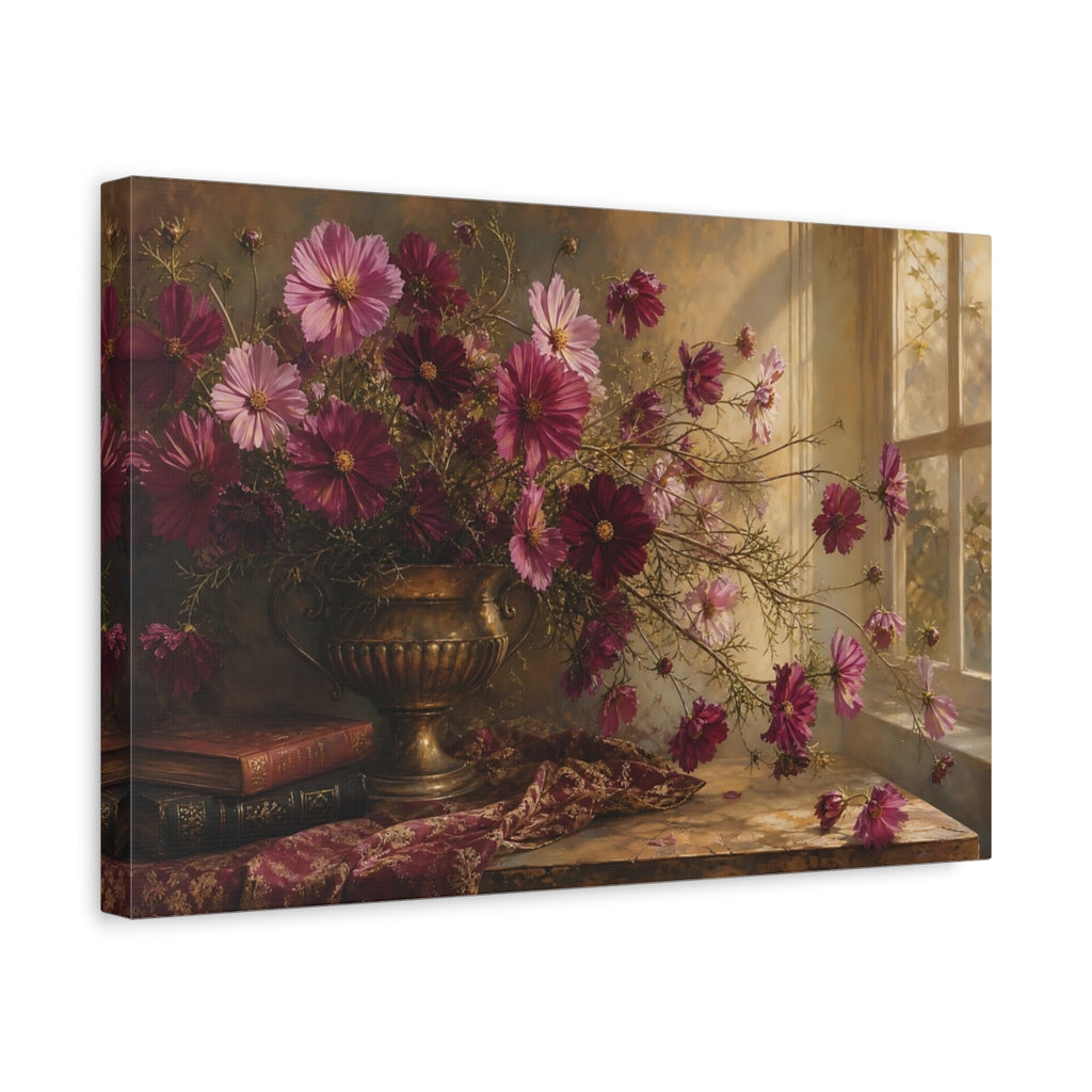 Side Mockup 4. Floral Cosmos Flowers Magenta And Gold shown as stretched canvas wall art