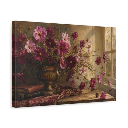 Side Mockup 4. Floral Cosmos Flowers Magenta And Gold shown as stretched canvas wall art