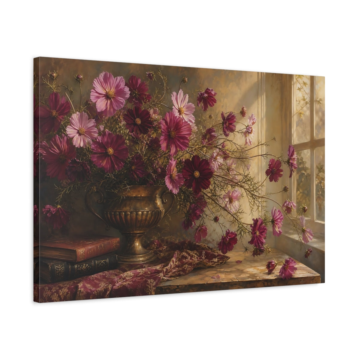 Side Mockup 2. Floral Cosmos Flowers Magenta And Gold shown as stretched canvas wall art