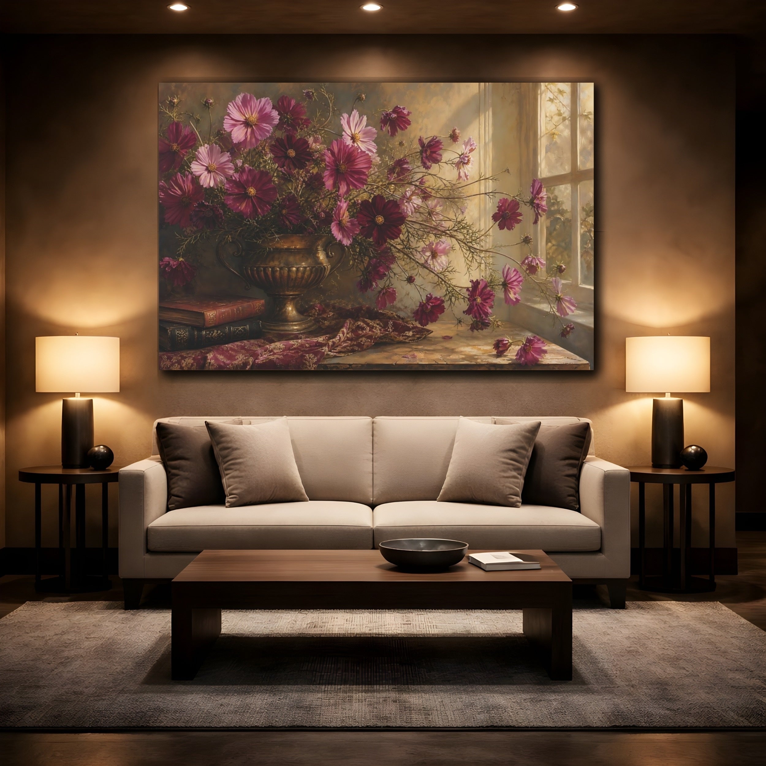 Mockup 2. Floral Cosmos Flowers Magenta And Gold shown as stretched canvas wall art