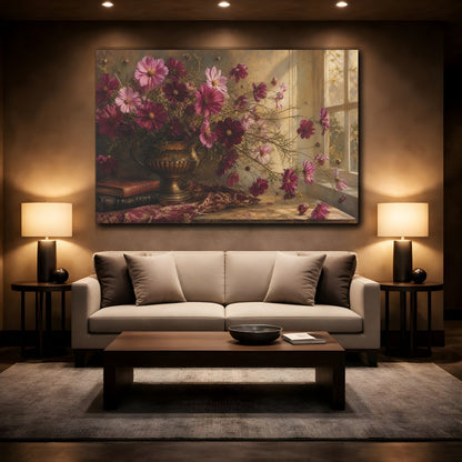 Mockup 2. Floral Cosmos Flowers Magenta And Gold shown as stretched canvas wall art