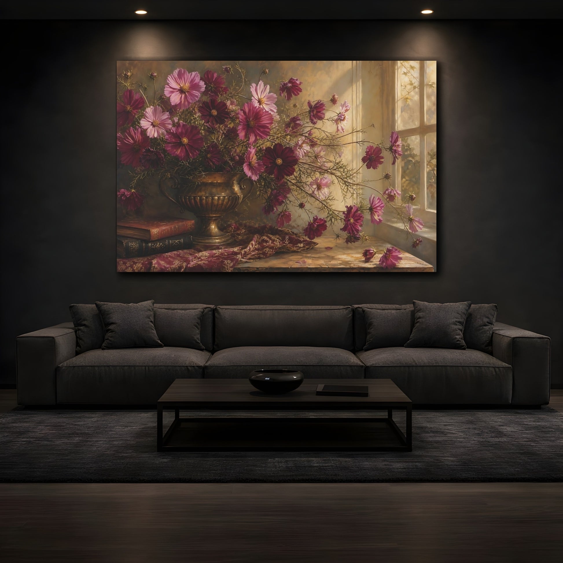 Mockup 3. Floral Cosmos Flowers Magenta And Gold shown as stretched canvas wall art