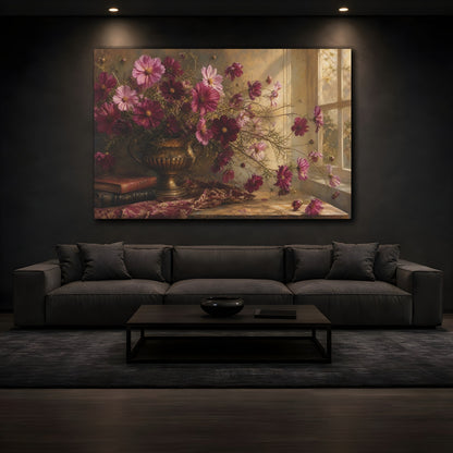 Mockup 3. Floral Cosmos Flowers Magenta And Gold shown as stretched canvas wall art