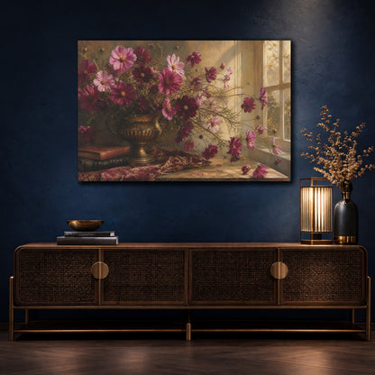 Mockup 4. Floral Cosmos Flowers Magenta And Gold shown as stretched canvas wall art