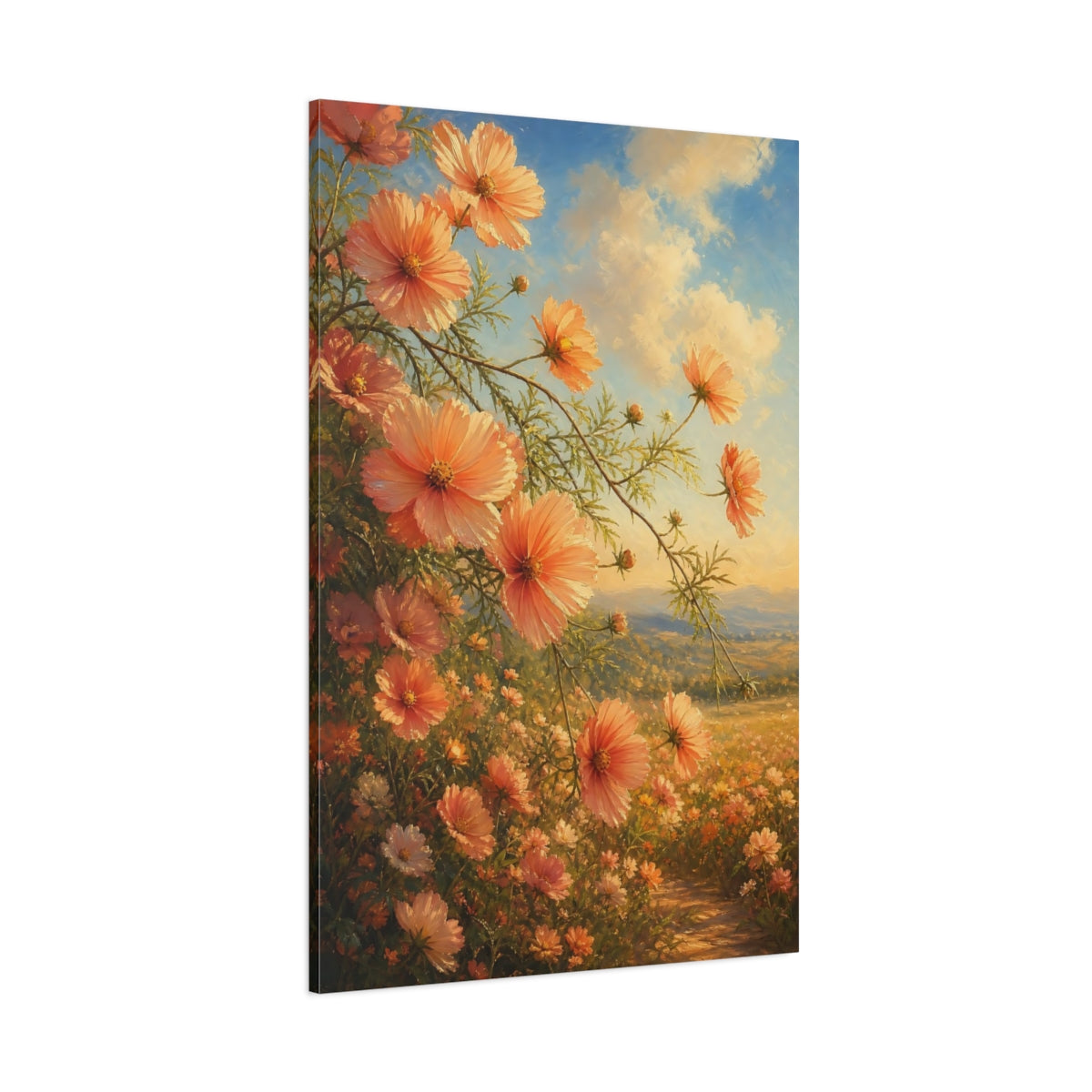 Side Mockup 1. Floral Cosmos Flowers Peach Floral Field shown as stretched canvas wall art