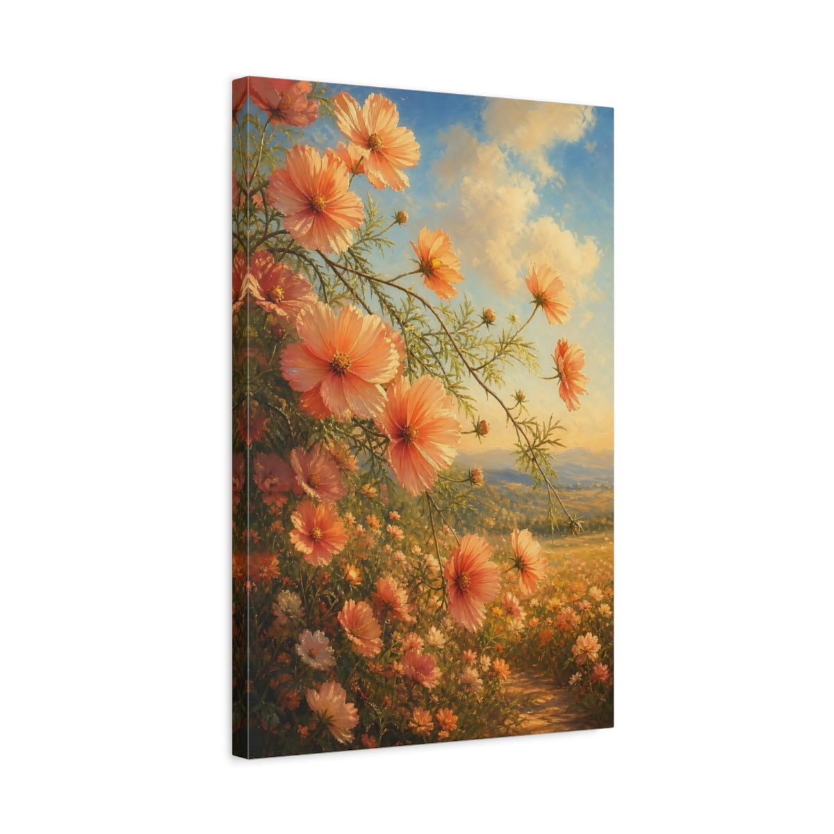 Side Mockup 3. Floral Cosmos Flowers Peach Floral Field shown as stretched canvas wall art