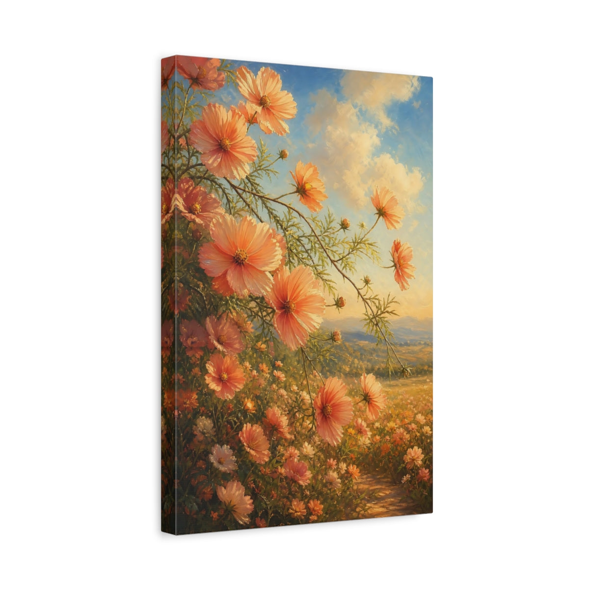 Side Mockup 4. Floral Cosmos Flowers Peach Floral Field shown as stretched canvas wall art