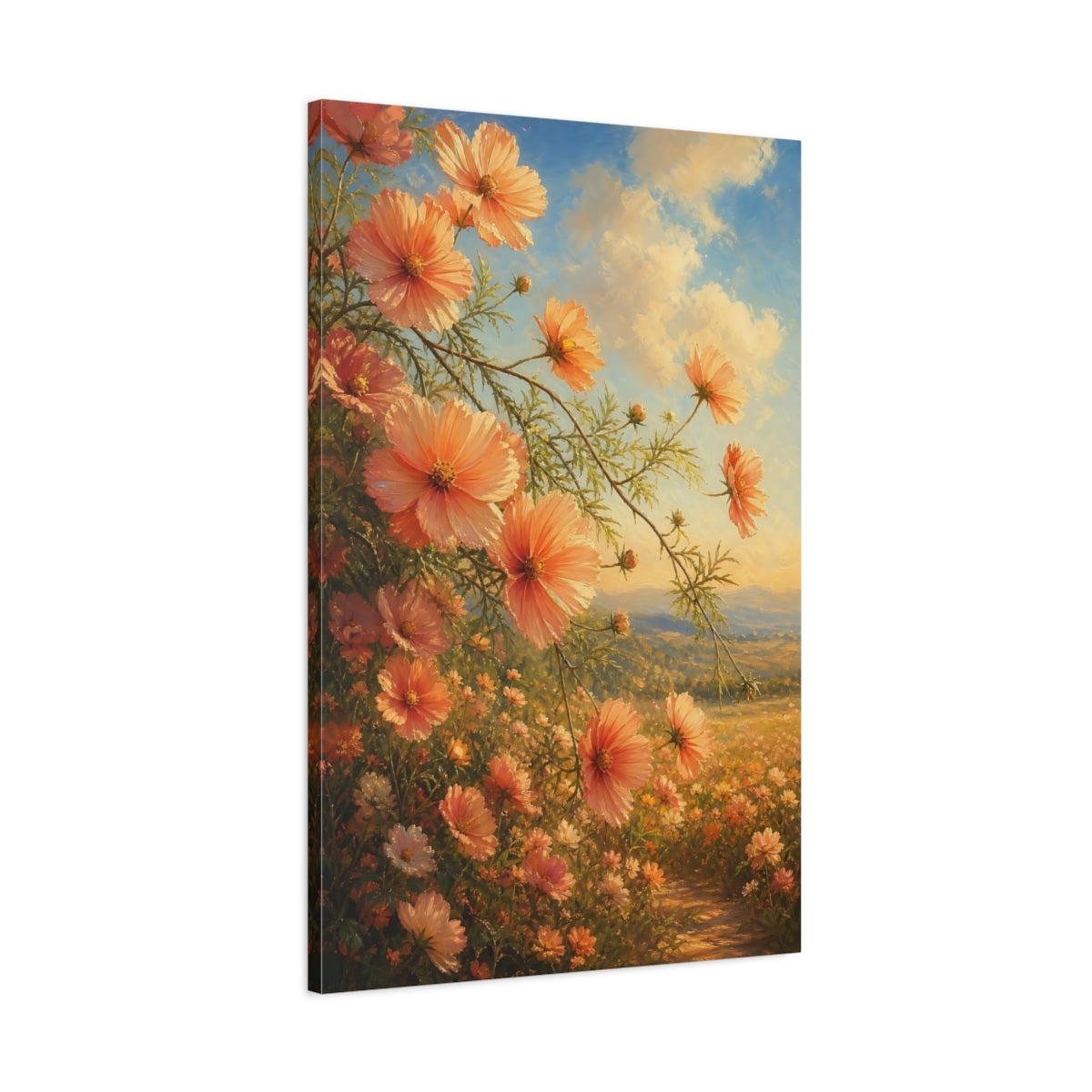 Main Mockup. Floral Cosmos Flowers Peach Floral Field shown as stretched canvas wall art