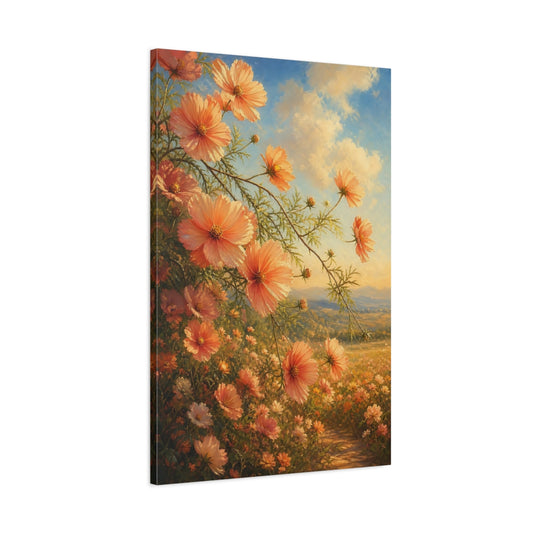 Main Mockup. Floral Cosmos Flowers Peach Floral Field shown as stretched canvas wall art