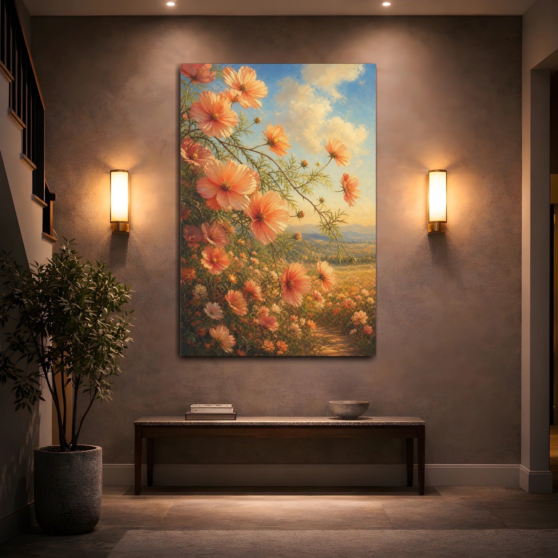 Mockup 2. Floral Cosmos Flowers Peach Floral Field shown as stretched canvas wall art