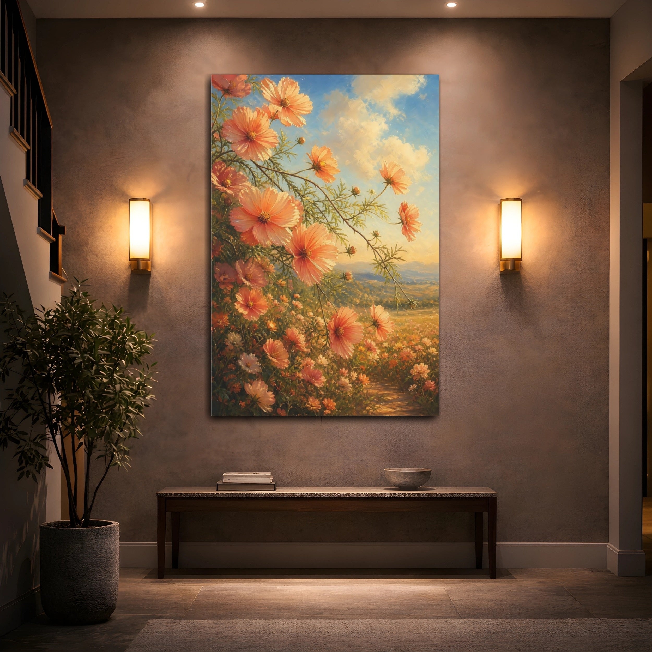 Mockup 2. Floral Cosmos Flowers Peach Floral Field shown as stretched canvas wall art