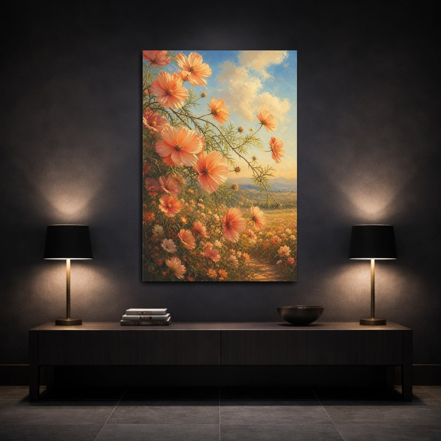Mockup 3. Floral Cosmos Flowers Peach Floral Field shown as stretched canvas wall art