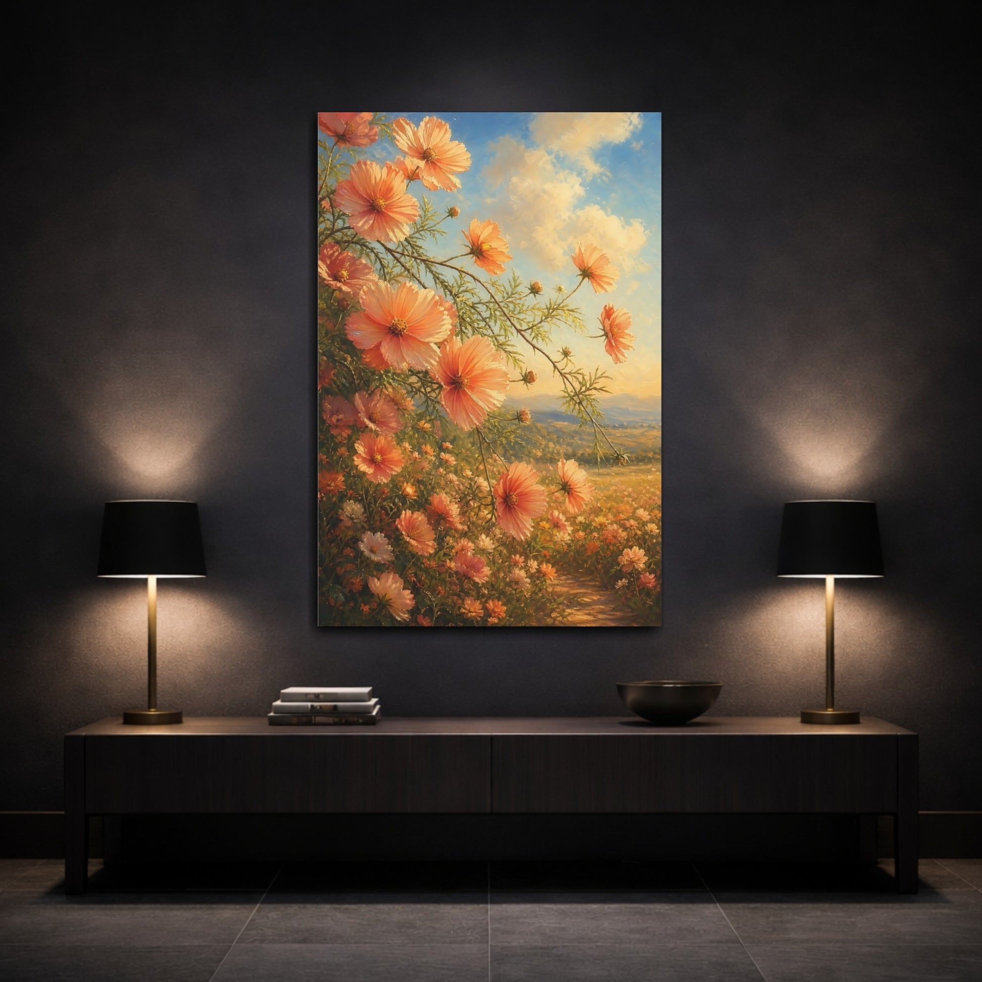 Mockup 3. Floral Cosmos Flowers Peach Floral Field shown as stretched canvas wall art