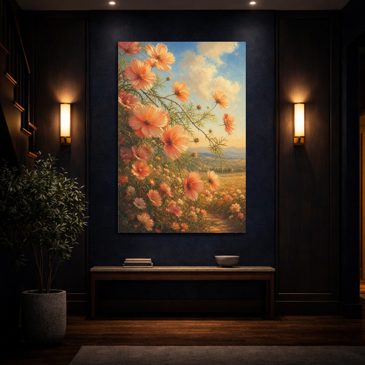 Mockup 4. Floral Cosmos Flowers Peach Floral Field shown as stretched canvas wall art