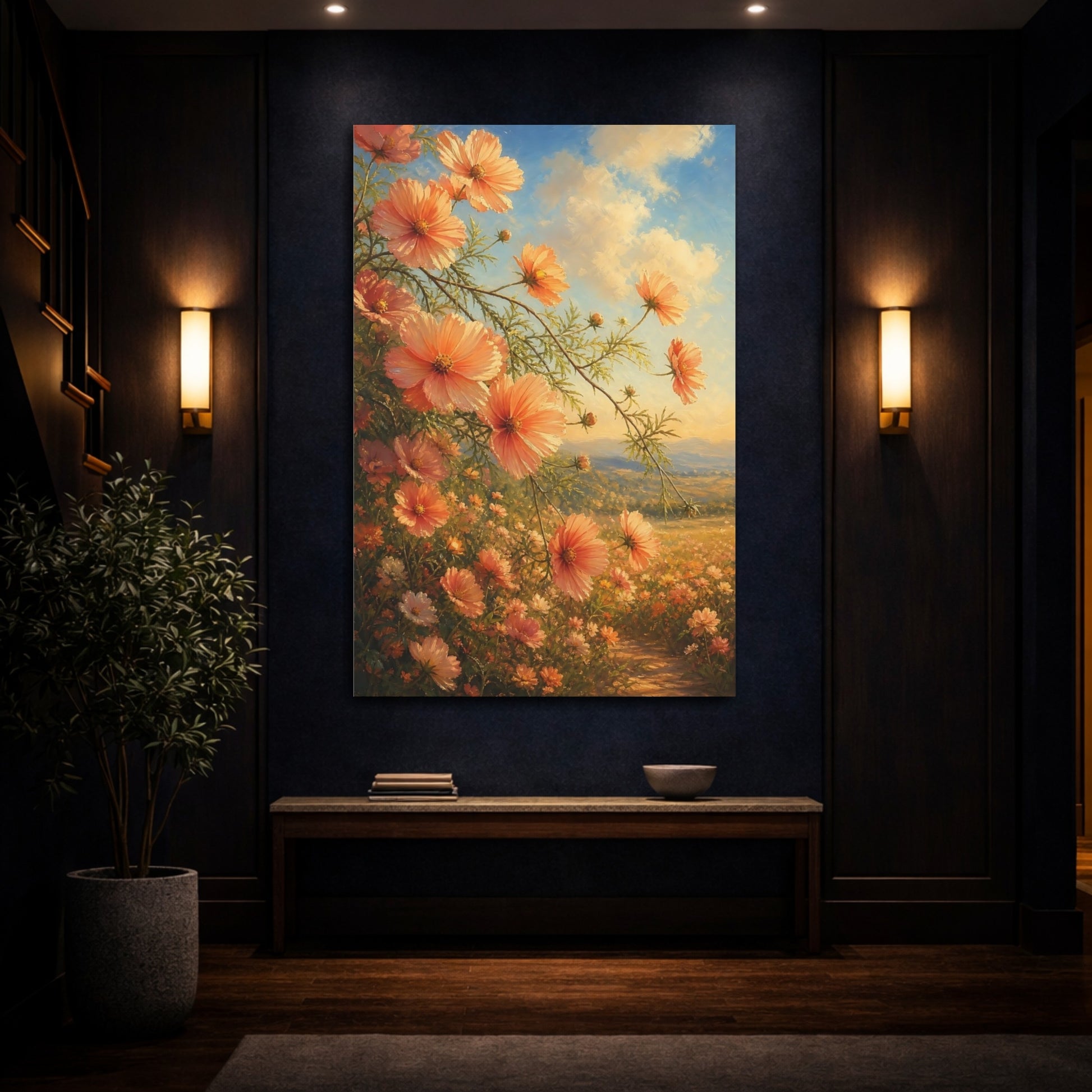 Mockup 4. Floral Cosmos Flowers Peach Floral Field shown as stretched canvas wall art