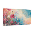 Side Mockup 3. Floral Cosmos Flowers Pink And Blue Floral shown as stretched canvas wall art