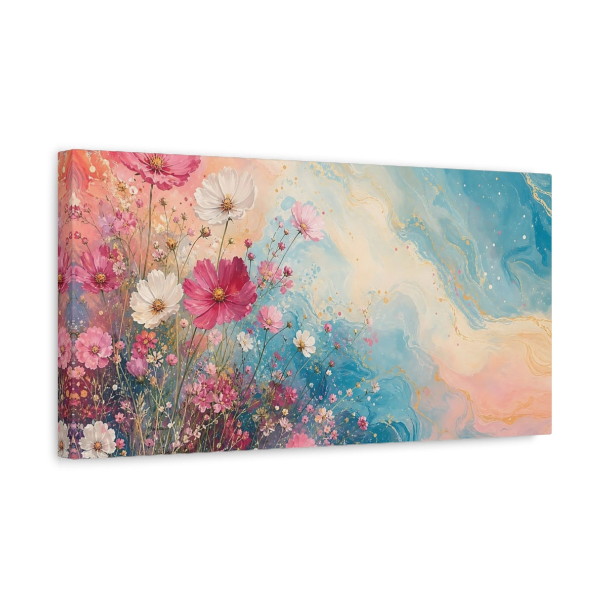 Side Mockup 3. Floral Cosmos Flowers Pink And Blue Floral shown as stretched canvas wall art