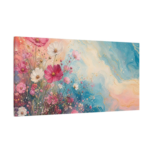 Main Mockup. Floral Cosmos Flowers Pink And Blue Floral shown as stretched canvas wall art