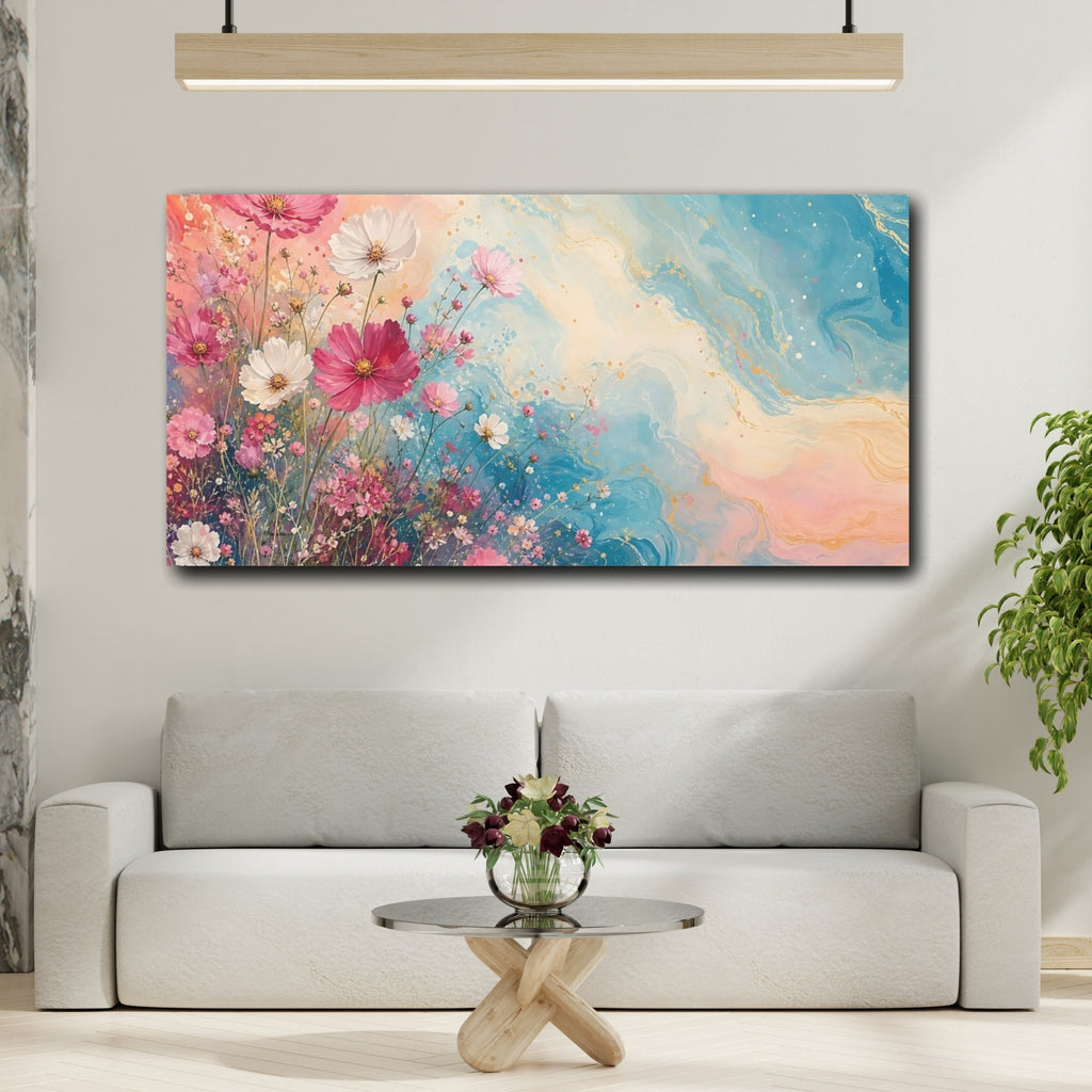 Mockup 2. Floral Cosmos Flowers Pink And Blue Floral shown as stretched canvas wall art